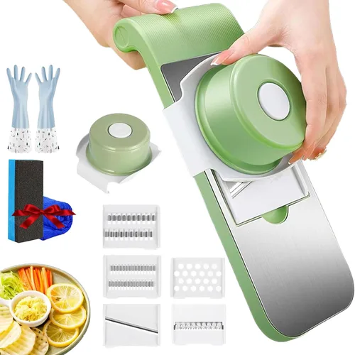 Cortador de verduras multifuncional, cortador de mandolina portátil para cocina, cortador de verduras ajustable con cuchillas de acero inoxidable, 5