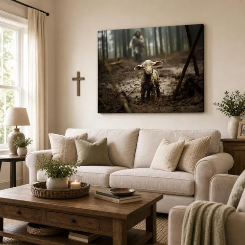Miniatura 7 de Lienzo decorativo cristiano de Jesús con cordero, diseño religioso corriendo después del cordero perdido, envuelto en galería, listo para colgar