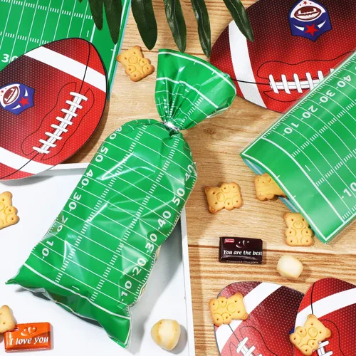Miniatura 4 de Blulu 100 bolsas de golosinas de fútbol de celofán sellables con calor y lazos plateados para decoración de fiesta de cumpleaños temática de fútbol