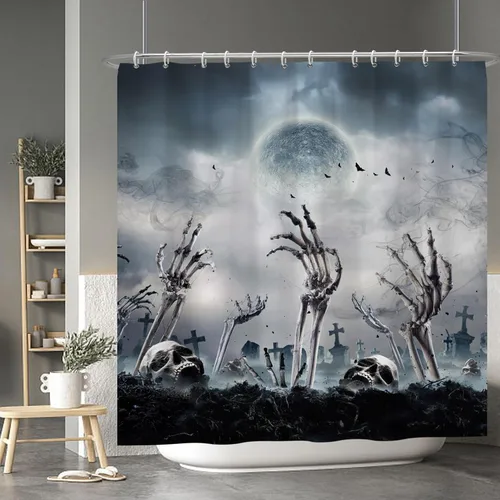 Miniatura 18 de Cortina de ducha de fantasma y gato negro para niños, 36 x 72 pulgadas, espeluznante y bonita, cortina de baño de Halloween con 6 ganchos, cortina