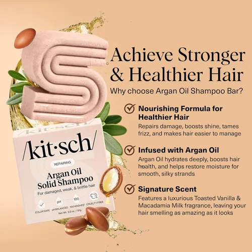 Miniatura 2 de Kitsch Barra de champú de aceite de argán – Champú reparador para el cabello para hombres y mujeres – Fortalecimiento, cuidado nutritivo