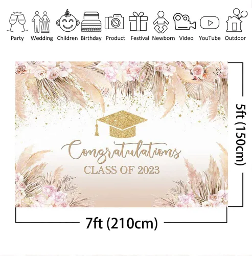 Miniatura 4 de Mocsicka Fondo de fiesta de graduación bohemio para clase de 2023, bohemio, elegante, rosa, flores doradas, gorra de despedida de soltero dorada