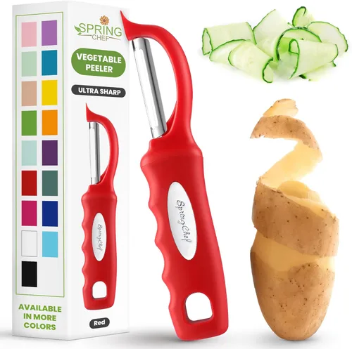 Miniatura 16 de Spring Chef Pelador de verduras giratorio profesional rojo para cocina, peladores de papas de acero inoxidable con mango de agarre suave, perfecto
