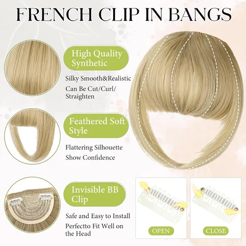 Miniatura 4 de Bangs Hair Clip in Bangs, French Ash Blonde Fake Bangs Hair Clip on Bangs for Women Fringe with Temples Hairpieces Faux Bangs for Daily Wear