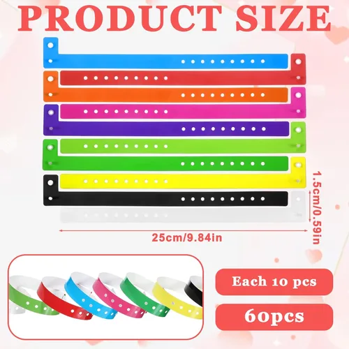 Miniatura 2 de 60 pulseras de plástico de vinilo, 10 colores desechables, pulseras de plástico neón para eventos, conciertos, carnavales, discotecas, bares, parques