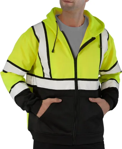 Miniatura 17 de SEsafety Sudadera con capucha con cremallera de alta visibilidad, sudadera de seguridad reflectante clase 3 con parte inferior negra, chaqueta