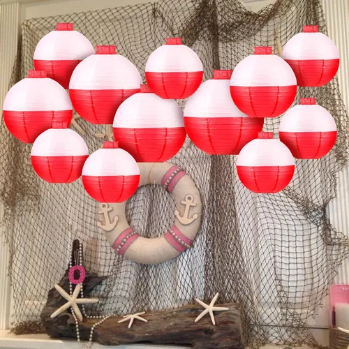 Miniatura 5 de Faroles de papel de pesca Bobber redondos, 12 linternas de papel colgantes rojas y blancas para pescadores, suministros de decoración de fiestas