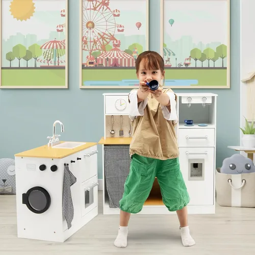 Miniatura 9 de HONEY JOY Juego de cocina para niños, juego de cocina modular de madera de 2 piezas, lavadora y fregadero, cafetera, campana extractora y estufa