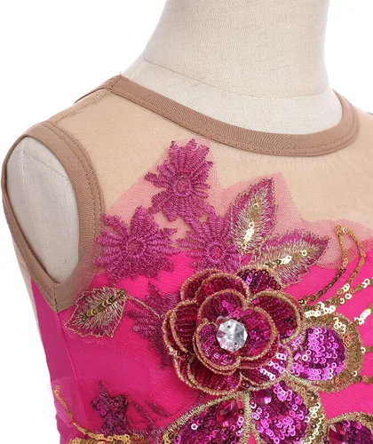Miniatura 6 de Vestido de patinaje artístico para niñas, vestido de patinaje sobre hielo de malla de flores de lentejuelas, vestido de leotardo de ballet