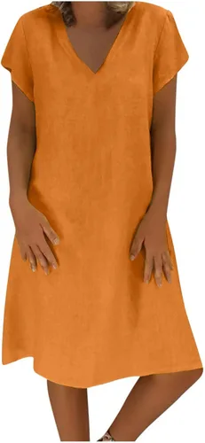 Vestido vintage de lino de algodón para mujer, casual, de manga corta, fruncido, vestido de ajuste holgado, acampanado, vestido de playa, anaranjado