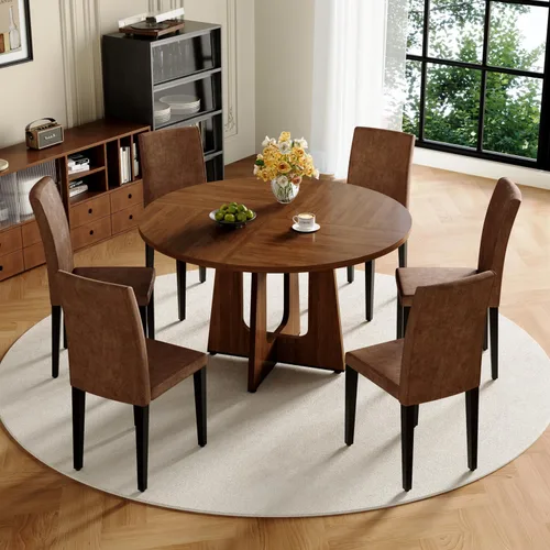 Miniatura 18 de Juego de mesa de comedor redonda de 47 pulgadas para 4, mesa de grano de madera de nogal y 4 sillas tapizadas de piel sintética negra, juego de mesa