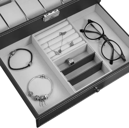 Miniatura 3 de Hossejoy Caja de reloj de cuero con 12 organizadores de relojes para hombre con cajón de exhibición de joyas organizador de caja de reloj