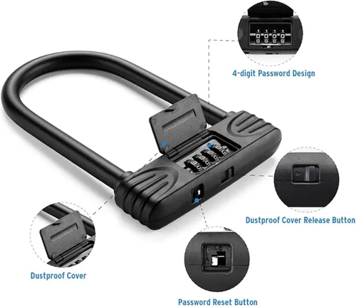 Miniatura 7 de Cerradura en U para bicicleta resistente, cerradura de bicicleta con contraseña de combinación de 4 dígitos con grillete de bloqueo en U