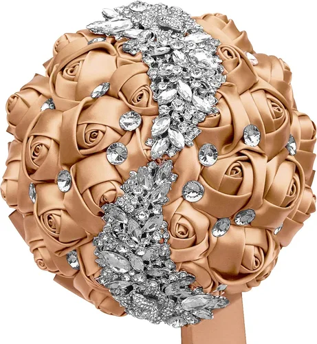 Miniatura 14 de XINNI Ramo de boda verde esmeralda para novia, dama de honor, satén rosa, ramo de boda con diamantes de imitación en forma de lluvia de meteoritos