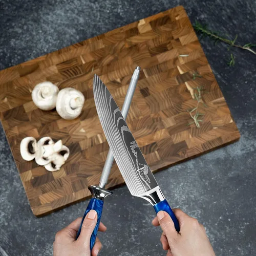 Miniatura 4 de SENKEN - Afilador de cuchillos profesional con mango de resina azul, varilla de acero inoxidable de alto carbono para afilar y afilar cuchillos