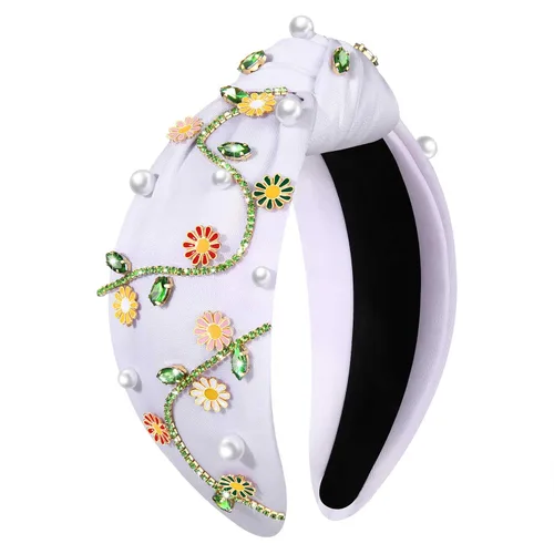 Miniatura 9 de Diademas anudadas con perlas para mujer, diademas de flores impresas con diamantes de imitación, diademas anudadas de cristal, cuentas brillantes
