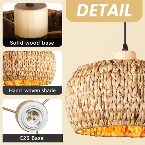 Miniatura 6 de Luces colgantes bohemias para isla de cocina, 11.8 pulgadas, luminaria de ratán bohemio tejida a mano, iluminación de tejido de hierba marina Tejido