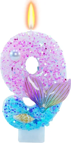 Miniatura 12 de Velas de cumpleaños con temática de sirena, número 4 para niñas, suministros para fiesta de cumpleaños con purpurina, decoración de fiesta