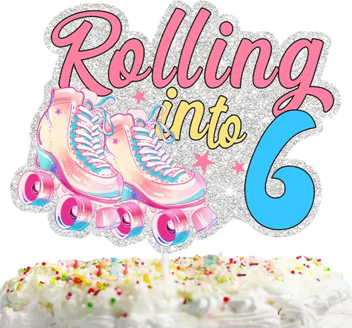 Patines rosados con purpurina para tartas para niños y niñas que se enrollan en 6 suministros de decoración de fiesta de cumpleaños de los años 80 y
