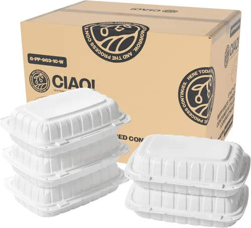Miniatura 25 de CIAO! Contenedor blanco con bisagras MFPP de 9"x9"x3" con tapa 1 compartimento (caja de 150)