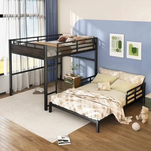 Miniatura 13 de Litera Twin XL sobre Twin XL, literas convertibles de metal que se pueden separar en cama alta y cama baja, estructura de cama resistente