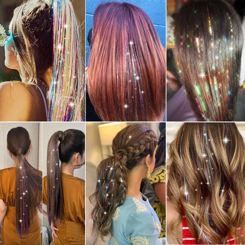 Miniatura 6 de Paquete de 12 extensiones de cabello de oropel con clip, 24 pulgadas, accesorios para el cabello de hada brillante para niñas y mujeres, fiesta