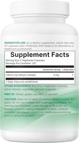 Miniatura 6 de Micro Ingredients Orotato de litio de 5 mg, 240 cápsulas vegetarianas 5 mg por porción Mineral de rastro de litio elemental Forma estable
