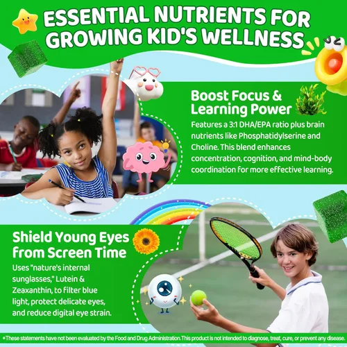 Miniatura 6 de Gomitas Super Greens para niños, con multivitaminas, más de 20 frutas vegetales, prebióticos, calcio, omega-3 (DHA/EPA), gomitas de superalimentos