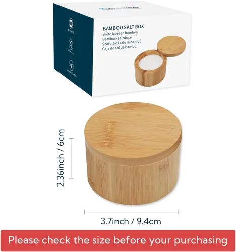 Miniatura 6 de KITCHENDAO Caja de cuenco de sal de bambú, elegante contenedor soporte de cocina con tapa magnética giratoria para almacenar pimienta, especias