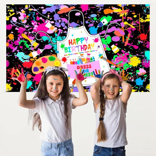 Miniatura 7 de Mocsicka Cartel de cumpleaños de pintura artística para niños, pintemos vestido para un lío, decoración de fiesta, telón de fondo colorido