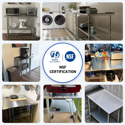 Miniatura 8 de Mesa de acero inoxidable para preparación y trabajo, con ruedas giratorias, mesa resistente, comercial NSF, con estante inferior y protector