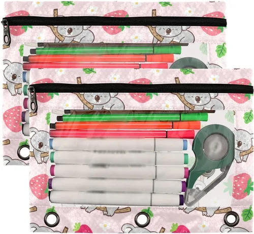 Miniatura 2 de Estuche para lápices para carpetas de 3 anillos con cremallera, se adapta a carpetas estándar, estuche de lápices de koala de fresa para oficina