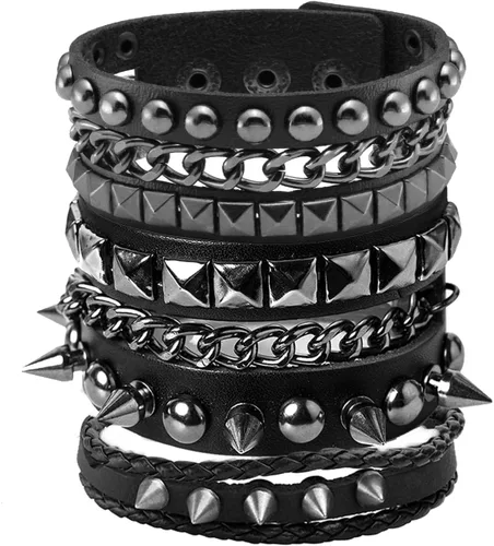 Eigso Pulseras de cuero punk rock para hombres y mujeres, estilo retro, vintage, cadena de los años 80, para hombre y mujer