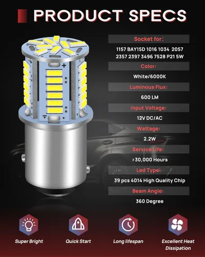 Miniatura 4 de Bombilla LED 1157, 12 V CC sin polaridad 7528 2357 2057 BAY15D Bombilla LED de repuesto para luz trasera de freno para automóvil, RV, remolque
