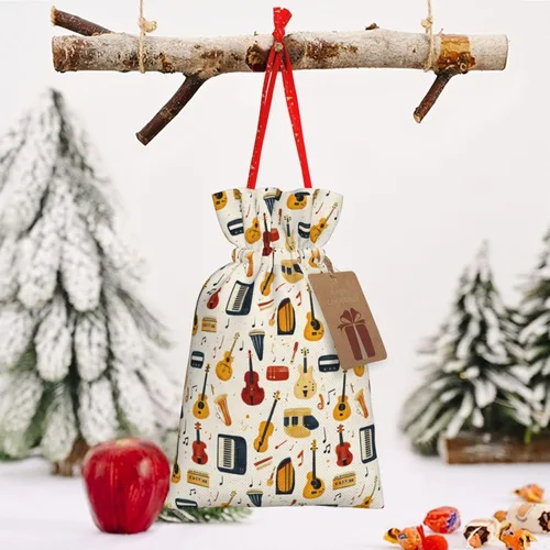 Miniatura 6 de Bolsas de regalo con estampado de instrumentos musicales retro, bolsas de regalo de Navidad reutilizables con cordón y etiqueta de regalo