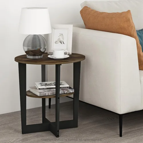 Miniatura 2 de Furinno JAYA Mesa auxiliar, mesa auxiliar redonda moderna de 2 niveles con mesa ovalada, mesita de noche, mesita de noche con estante abierto