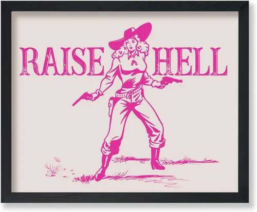Poster Master Póster retro de vaquera rosa con texto en inglés "Raise Hell", diseño de pared occidental, regalo para hombres y mujeres, decoración