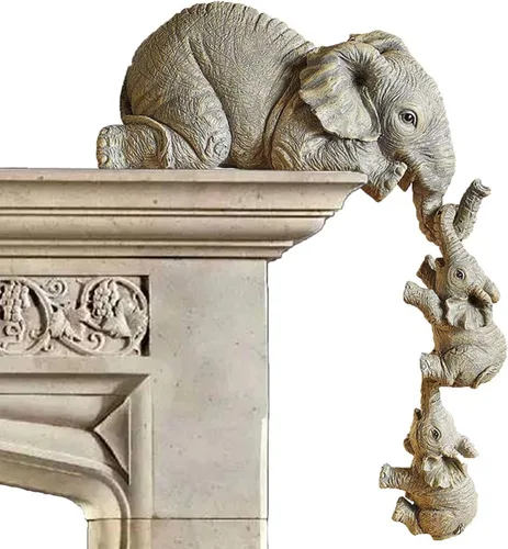Miniatura 5 de Juego de 3 estatuas de elefante, resina para colgar 2 elefantes en el borde, escultura de elefantes de la suerte colgando del borde de un estante