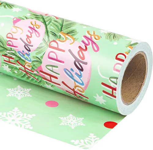 Miniatura 22 de WRAPAHOLIC - Papel de regalo de Navidad reversible, minirollo, 17 pulgadas x 33 pies, diseño de árbol de Navidad con letras “joy”, perfecto