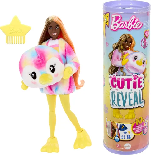 Muñeca y Accesorios Barbie Cutie Reveal, Serie Color Dream, Disfraz de Pingüino Tie-Dye y 10 Sorpresas Incluyendo Cambio de Color