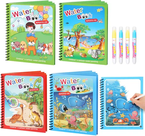 Paquete de 4 libros reutilizables para colorear al agua para niños pequeños, pintura con libros de agua, libro para colorear sin desorden, juguete