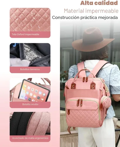 Miniatura 6 de Bolsa de pañales con cambiador, mochila impermeable 3 en 1 para pañales para bebé con cambiador plegable, mochila de viaje grande para bebé, niña