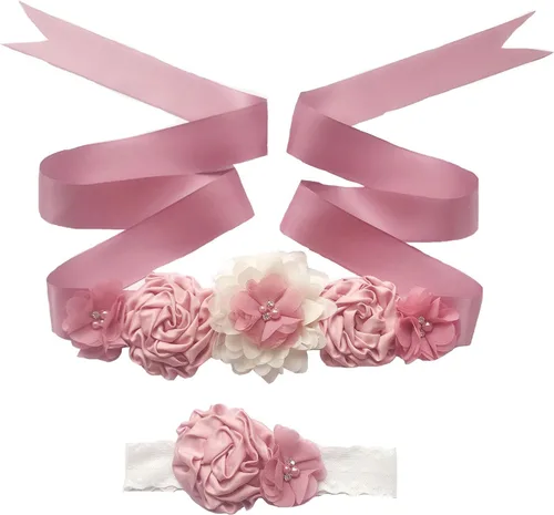 Lauthen.S Conjunto de diadema con cinturón de flores de maternidad, banda para baby shower para mujeres y niñas