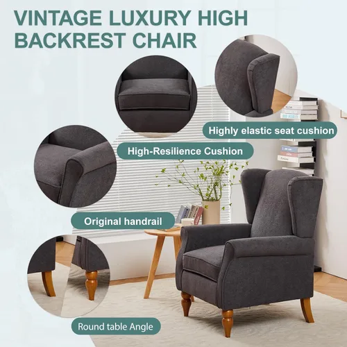 Miniatura 5 de Mid-Century - Silla de ala alta, moderna silla decorativa de tela con mesa auxiliar de madera maciza, sofá individual de ocio para sala de estar