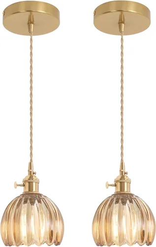 Miniatura 44 de Shenmoyl Lámpara colgante con pantalla de vidrio transparente a rayas, luz colgante vintage de latón, luz colgante ajustable para cocina, isla