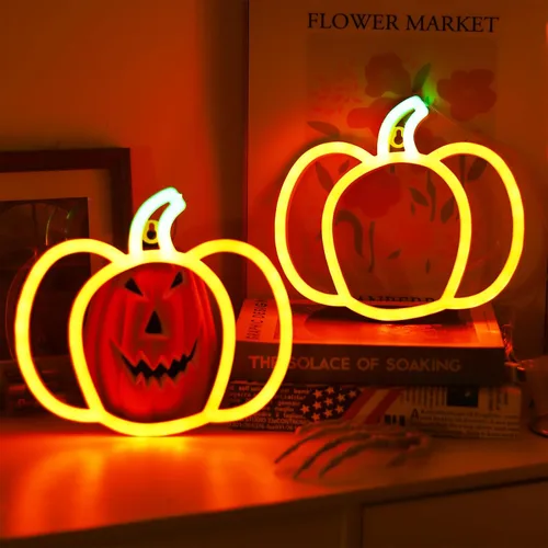 Miniatura 4 de Luces de neón de calabaza para decoración de Halloween, paquete de 2 lindas luces de Acción de Gracias naranja y verde para el hogar, funciona