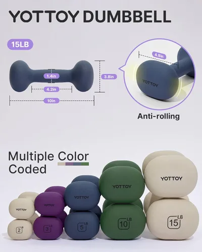 Miniatura 2 de YOTTOY Juego de 2 mancuernas de peso para mujer, mancuernas de 2 a 15 libras, pesas de mano antideslizantes para entrenamientos en casa, mancuernas