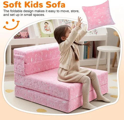 Miniatura 2 de MeMoreCool Sofá cama triple de unicornio rosa brillante para niños, futón plegable y sofá de suelo, colchón convertible triple para sala