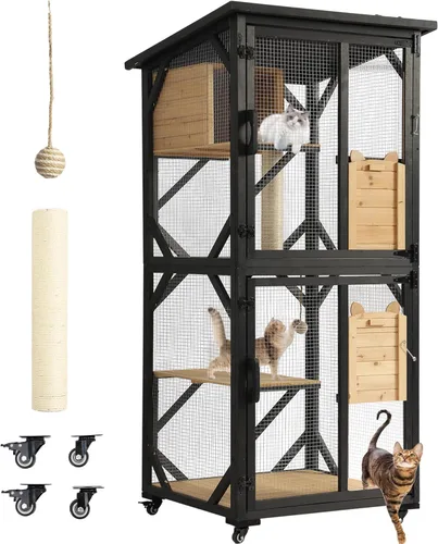 MAGIC UNION Catio de 71 pulgadas de acceso a la ventana para gatos al aire libre, 4 niveles para gatos con ruedas, caja de descanso y techo