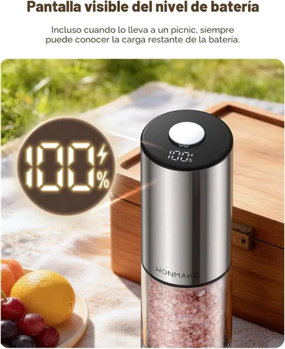 Miniatura 3 de Juego de molinillo eléctrico de sal y pimienta, tipo C recargable con pantalla de nivel de batería LED, salero y pimentero de acero inoxidable